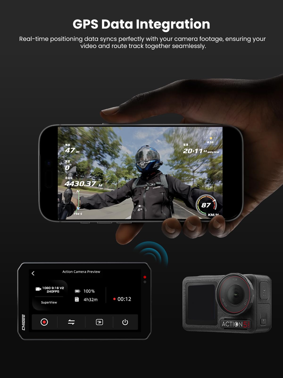 CHIGEE AIO-5 Evo Motorcycle Smart Riding System, Wireless CarPlay & Android Auto, Dual 1080P Front & Rear Dash Cam, Blind Spot Detection (BSD), 5" Waterproof Display, Parking Mode