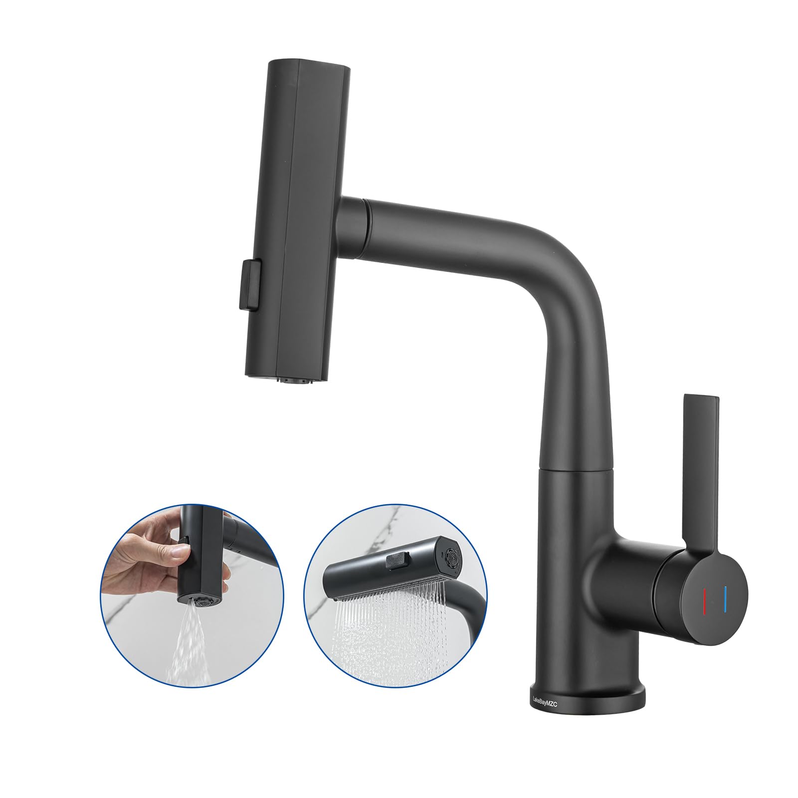 Rubinetto per Bagno Lavabo Nero Doccetta Estraibile con a 3 Modalità | Miscelatore Lavabo Estraibile LakeBayMZC,Rubinetti Monocomando Bagno con Doccetta,Aeratore Rimovibile,Senza Piombo, Nero