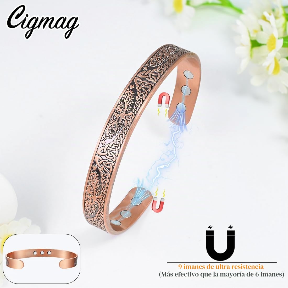 9X Pulsera de drenaje linfático de cobre para mujer, ultra fuerte, imán sólido, pulsera magnética de cobre puro ajustable, brazalete con caja de regalo (Árbol de la Vida)