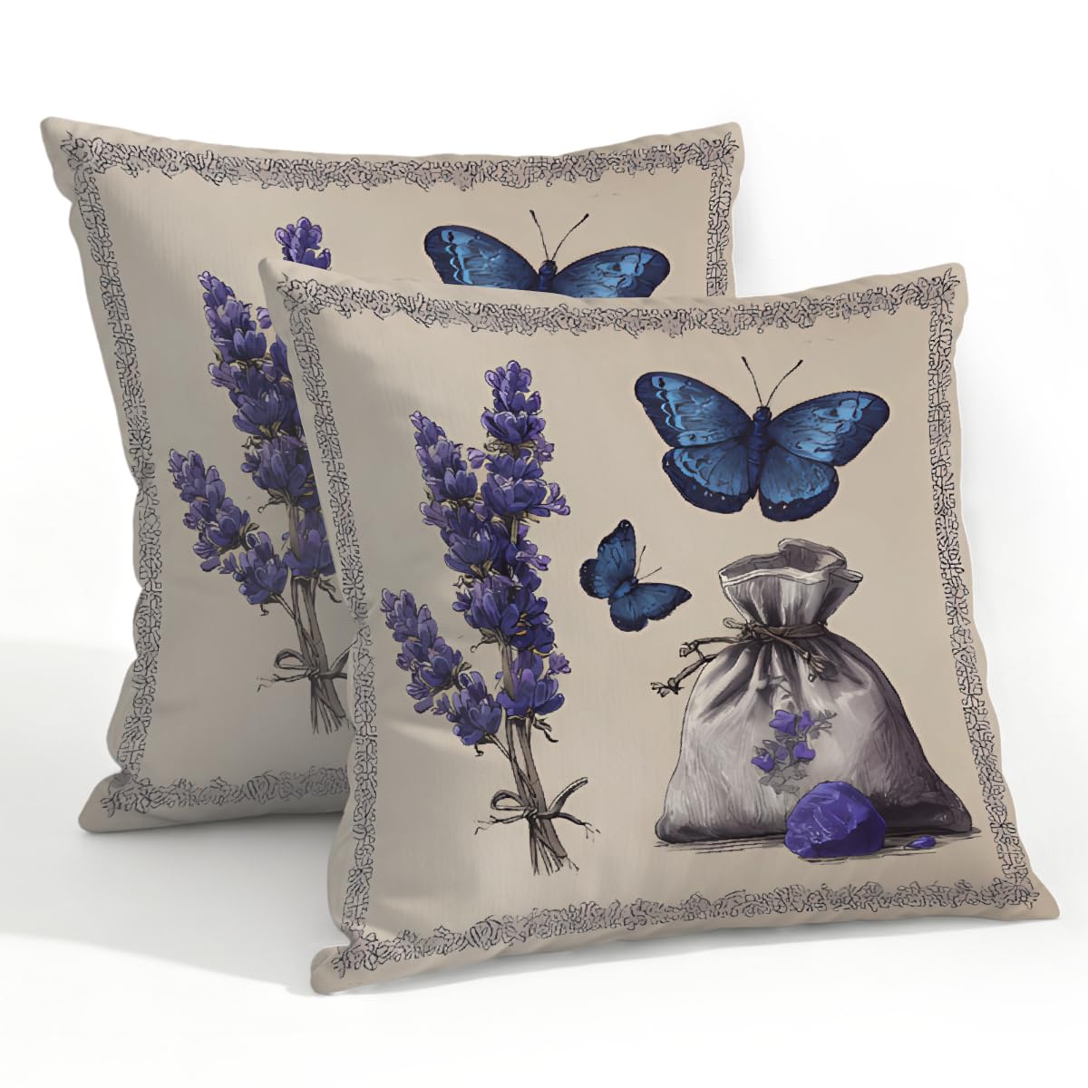 Outdoor Pillow Covers Waterproof Pillowcases 22x22in Set of 2 Lavender Flower Butterfly On Vintage Decorative Throw Cushion Case for Couch Sofa Garden Patio Furniture
