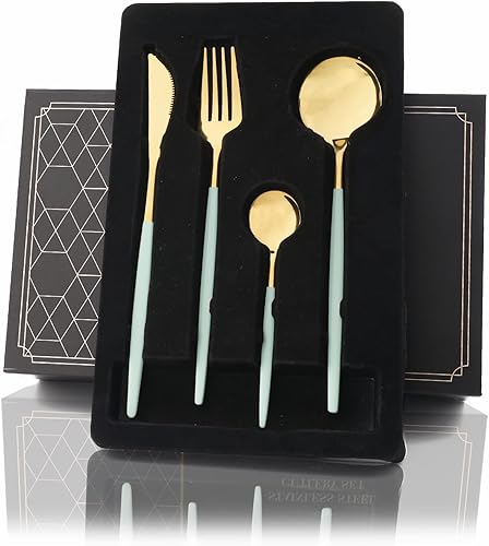 Miniatura 1 de JASHII Juego de cubiertos de 24 piezas con caja de regalo, juego de cubiertos de acero inoxidable de color macarrón pequeño de color fresco, juego