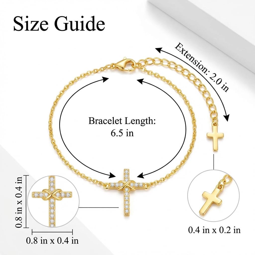 Gold Cross Bracelet for Women, Dainty 18K Gold Plated Double Pendant Jewelry, Sparkling Zirconia Prayer Bracelet, Adjustable Link Chain Lobster Clasp (5.9in + 2.4in)