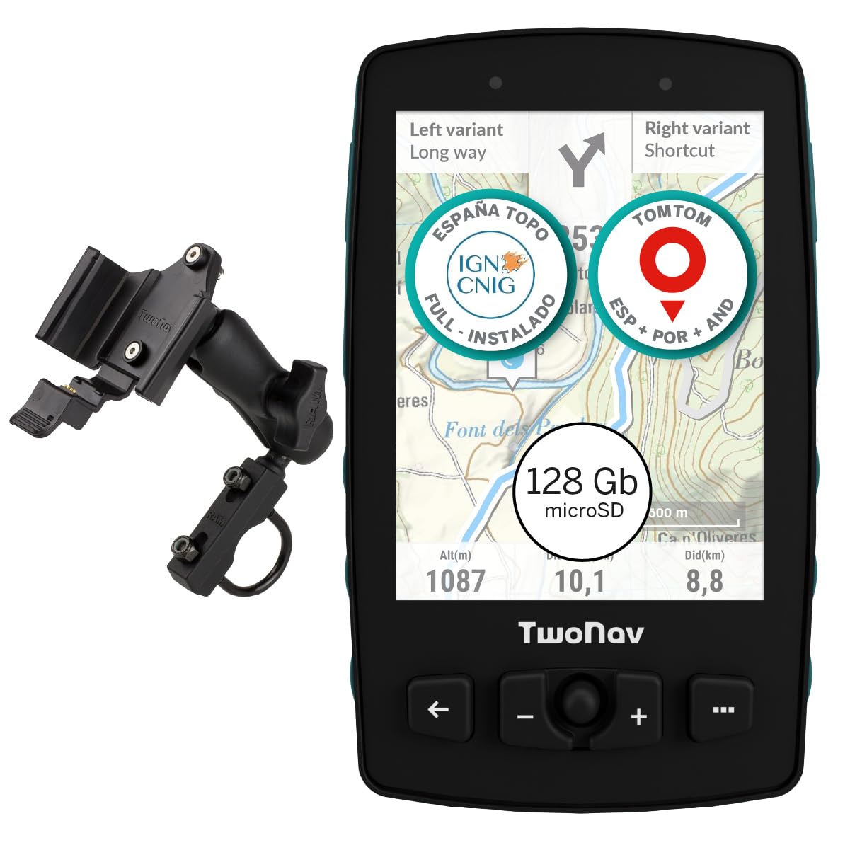 TwoNav Avventura 2 Plus Motor (32 GB) + MicroSD (128 GB) + Mappa Spagna Topo completa installata, navigatore GPS on-Road e Off-Road con schermo da 3,7 pollici per moto, auto, 4x4, quad. Turchese