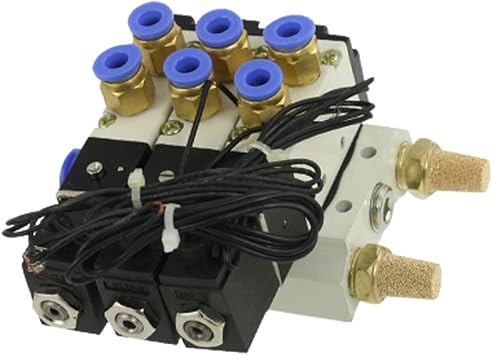 AC 110V Pneumatic Triple Solenoid Valve w Base Push in Connectors Silencers
