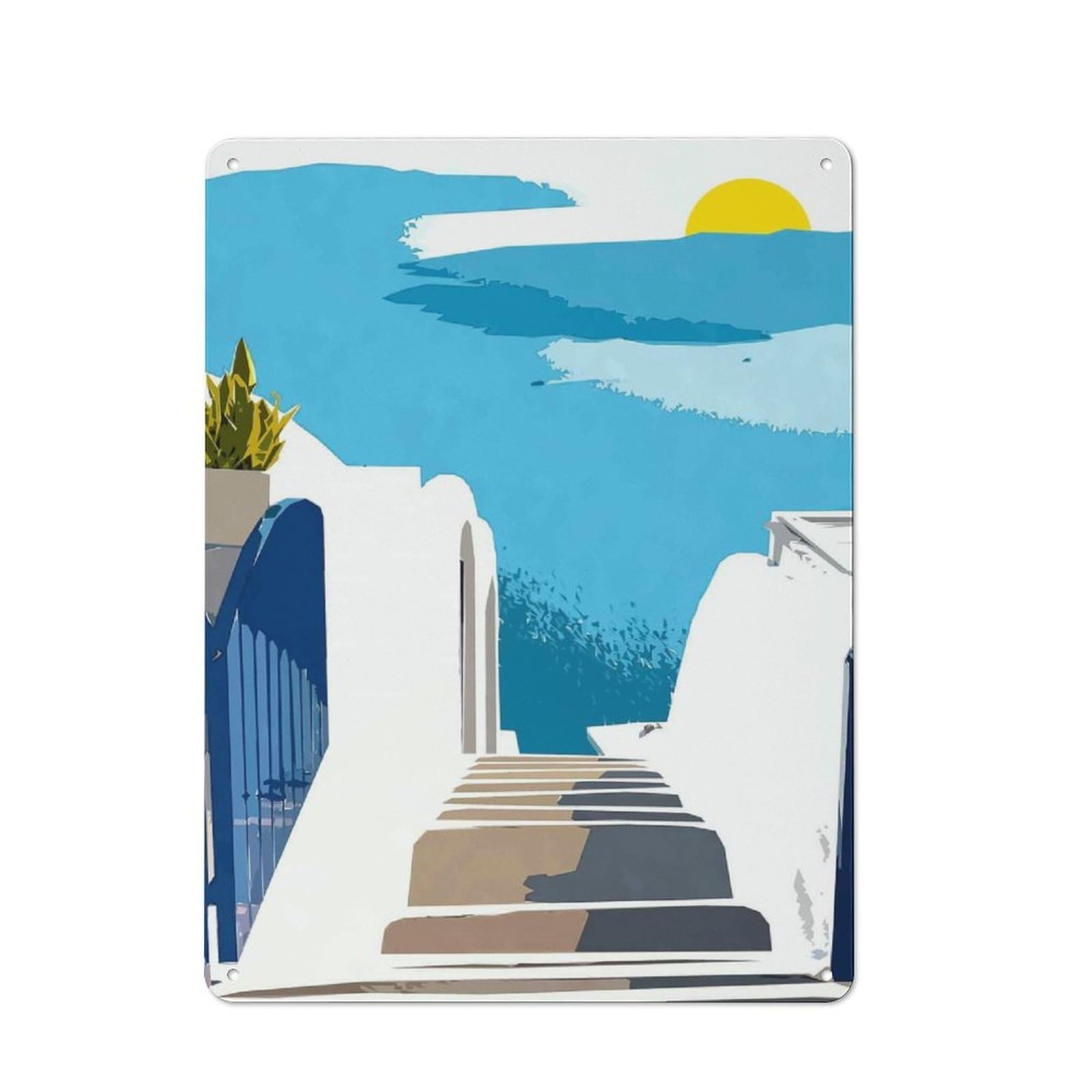 Junmoney Style-19 Santorini Morning Retro Tin Wall Plaque 40X30cm For Hobby Room Or Studio, New Home Wall Decor For Hobby Room Decor Fans