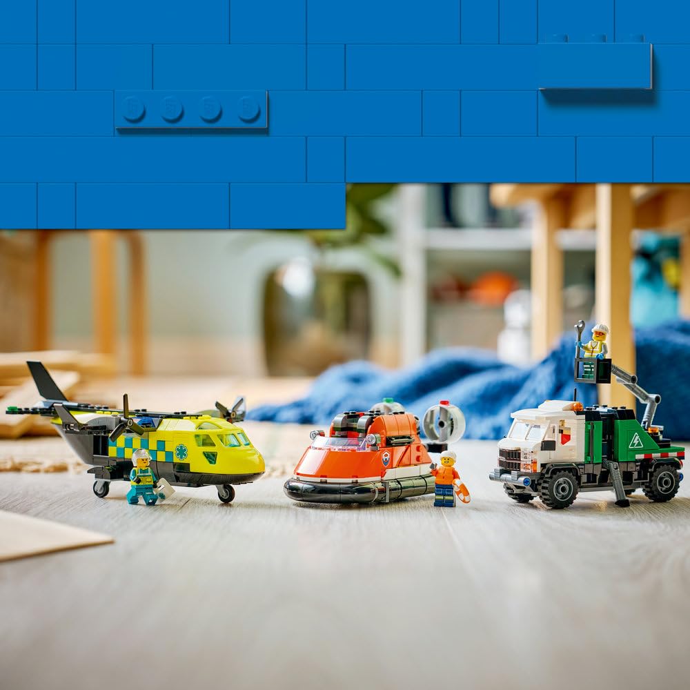 LEGO City Zestaw z samolotem, ciężarówką serwisową i poduszkowcem, interaktywne zabawki dla dzieci, modułowe pojazdy ratunkowe, prezent dla 7-latka na urodziny, dla chłopca i dziewczynki 60505
