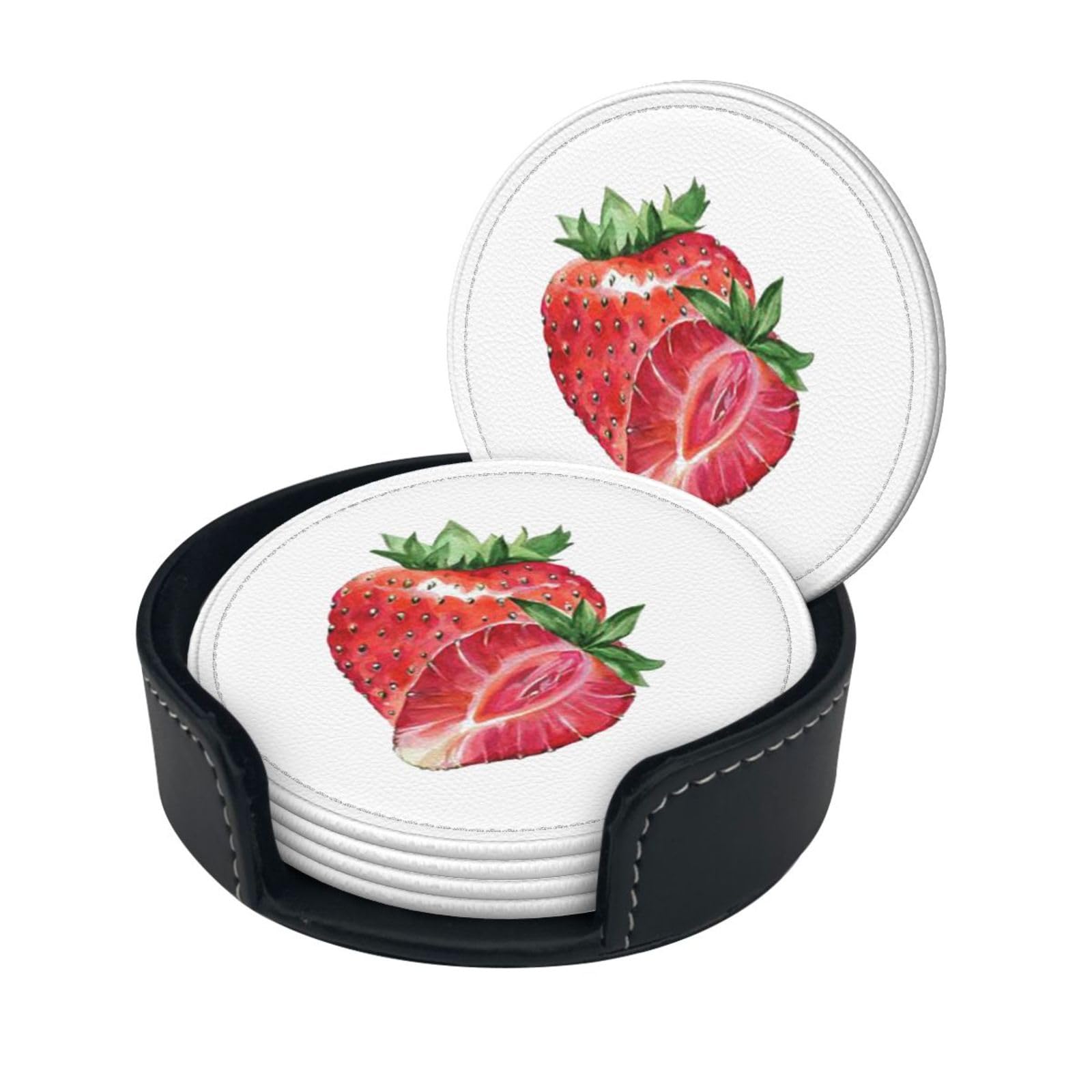Lklddpzb White Strawberry Print Round Leather Coasters - Set Of 6, Ultra-Fiber Pu Leather