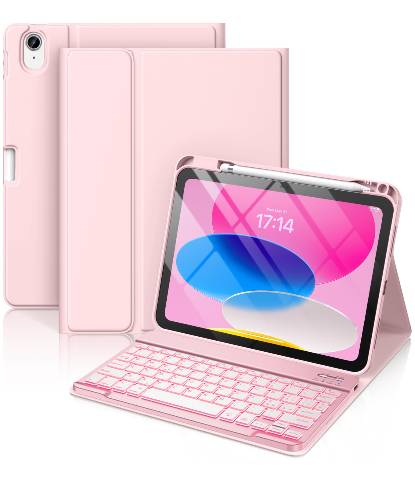 Vobafe Cover iPad A16 11 10 Generazione con Tastiera (11/10.9 Pollici, 2025/2022), Italiano QWERTY con 7 Colori Illuminato, Senza Fili Staccabile Custodia Tastiera con Portapenna, Rosa Chiaro