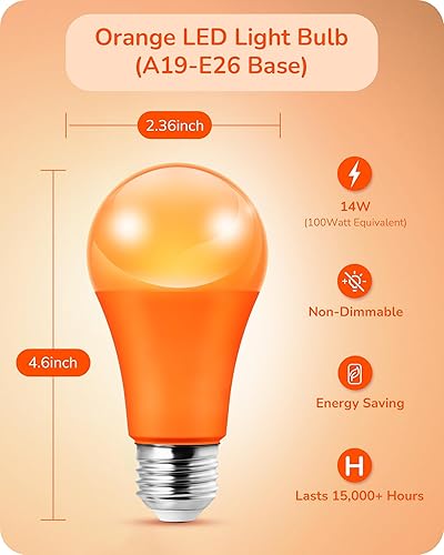 Miniatura 3 de EDISHINE Bombillas LED naranja A19 de Halloween, equivalente a 14 W, bombilla de color naranja de 100 W, bombillas de base E26 para decoración de