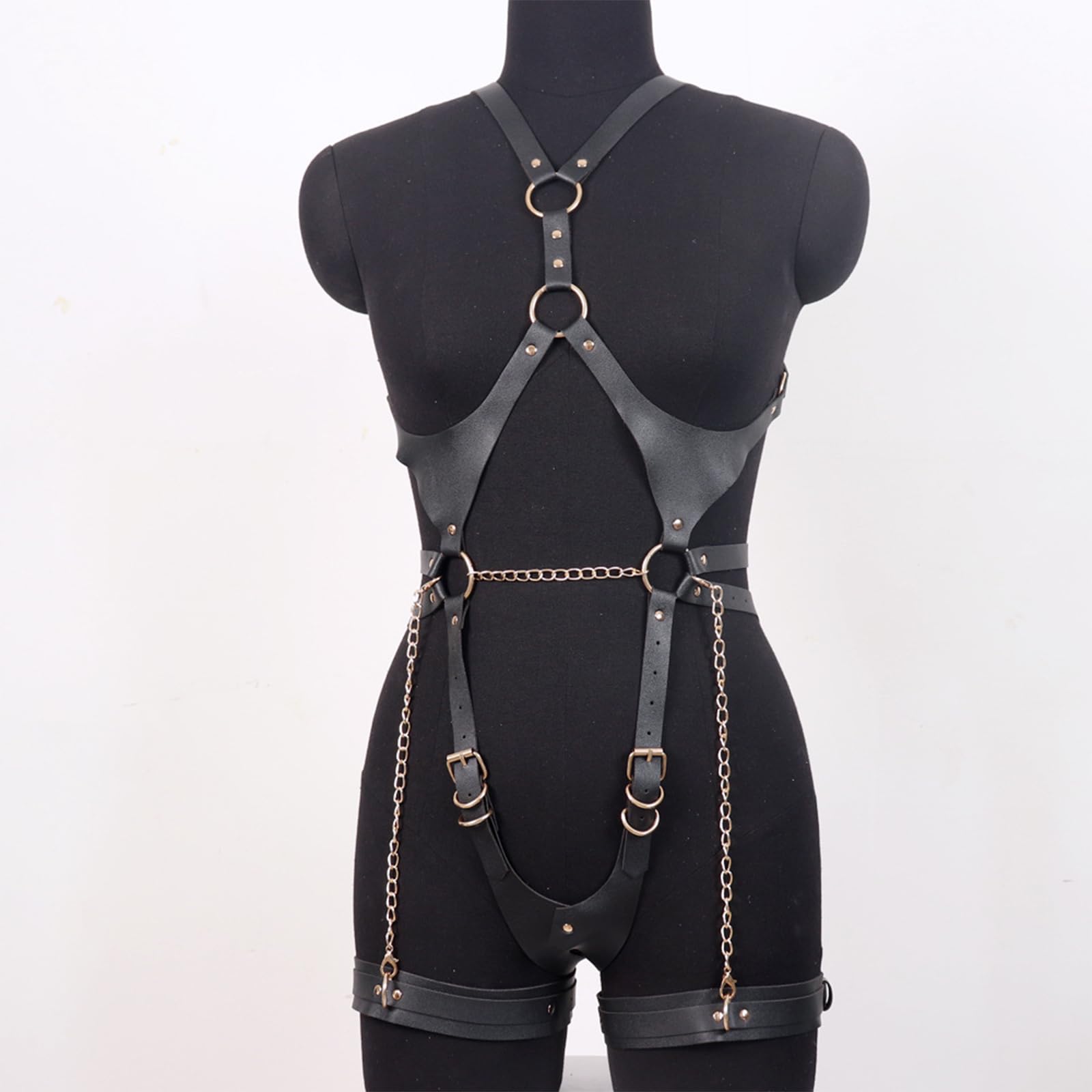 BDSMYOU Harnais Femme Cuir Lingerie Sangle Body avec Menottes,Fétiche Lingerie Ensemble de Fesseln,Vêtements Gothiques (Noir)