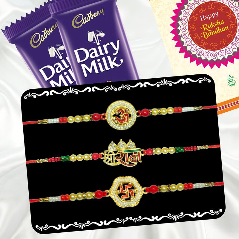 Image of Canton Rakhii Gift for Brother with Chocolate - Designer Rakhi for Brother with Cadbury Gift Hamper Pack, Roli Kumkum & Greeting Card (Design-1, 3 Rakhi + Cadbury)