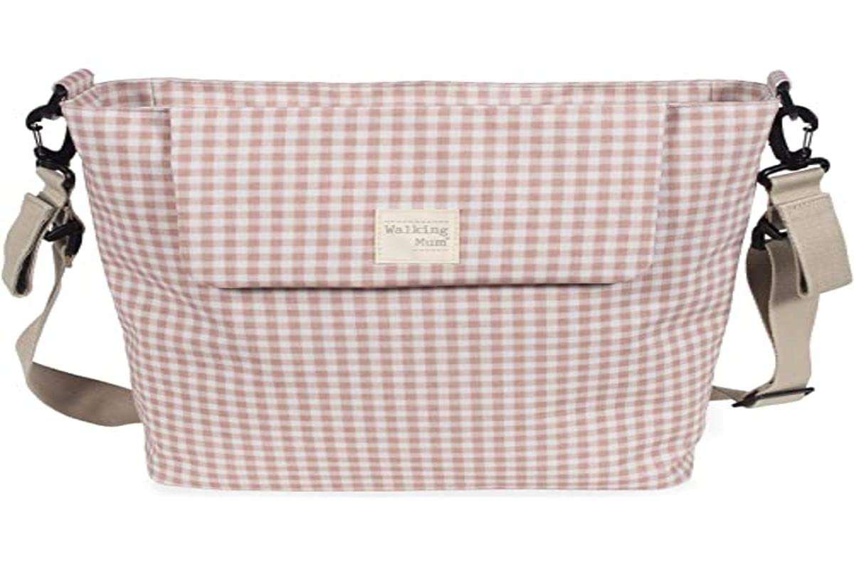 Walking Mum. Bolso Cambiador de Bebé I Love Vichy. Bolsa Canastilla para carro o para colgar al hombro. Color Rosa. Medidas 42X36X13 cm.