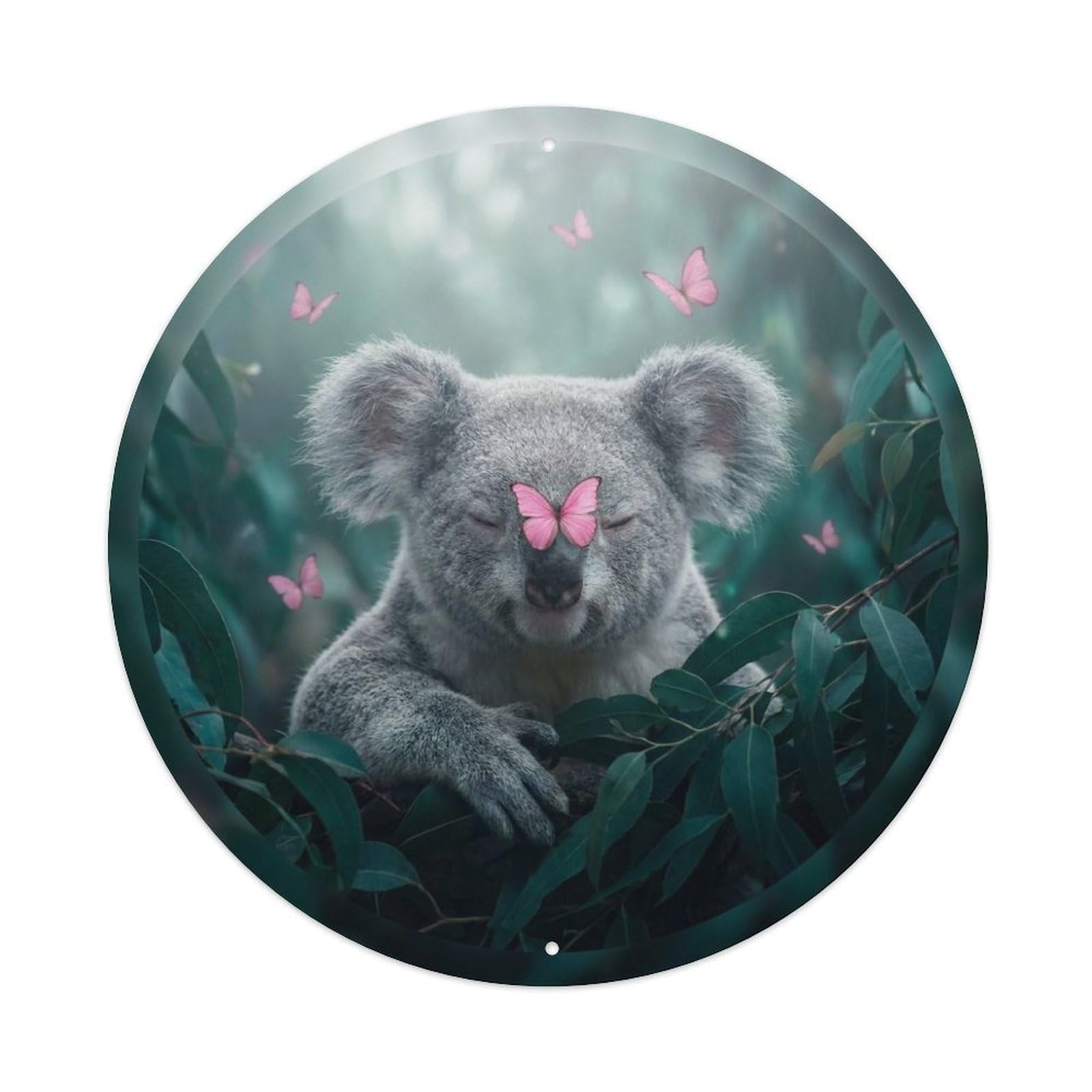 Pink Butterfly Australian Koala Wildlife Eucalyptus Kawaii Pastel Metal Tin Sign Plaque Wall Decor for Cafe, Man Cave, Club Bar, Office, Home Garden Round Metal Poster 8x8Inch