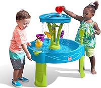 Step2 Summer Showers Splash Tower Water Table - Kids Outdoor Sensory Play with Rain Shower & 8 Toys, Ages 1.5+, Blue/Green