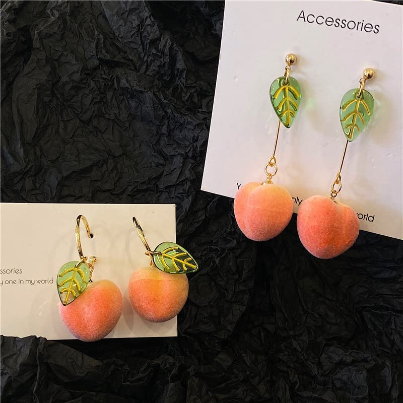 2 Pairs Set Cute Creative Super Lightweight Lifelike Pink Peach With Leaf Dangle Drop Earrings Sets Funny Imtation Charm Fruit Hoop Earrings Jewelry Gifts for Women Girls4