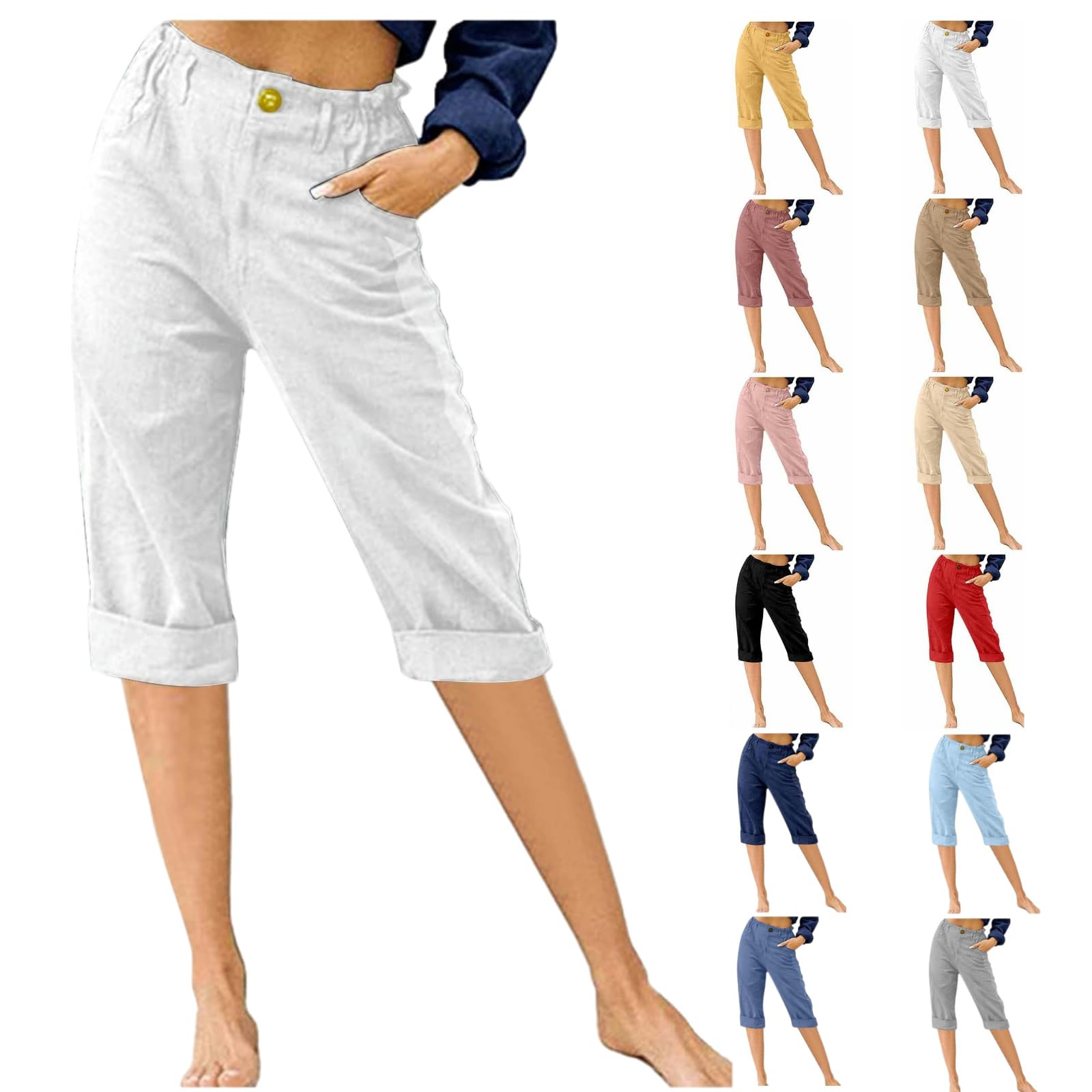 APIVOELinen Capri Pants for Women Summer Casual Elastic Waist Cropped Pants Cotton Wide Leg Plus Size Capris with Pockets