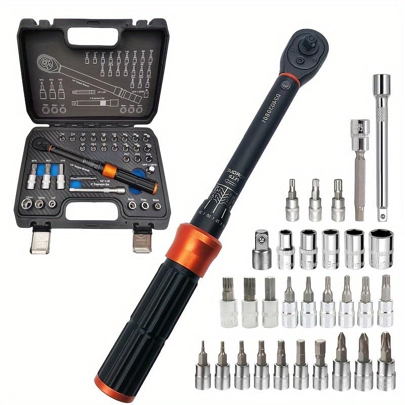 32-Piece 1/4" Drive Click Torque Wrench Set, 3.7-18.5 ft.lb (5-25 Nm), 72-Tooth, Dual-Direction, Includes Spark Plug Sockets & Torx Bits for Motorcycle, Car, ATV & Small Engine Repair