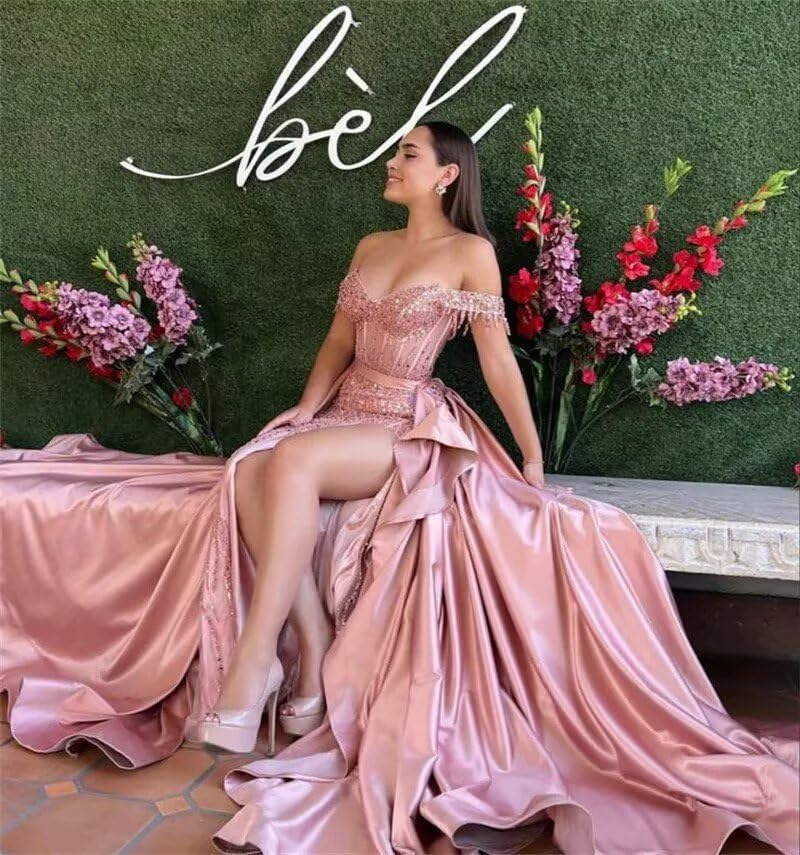Luxury Beaded Sequins Prom Dresses for Women 2025 with Slit Train Off The Shoulder Evening Gowns4