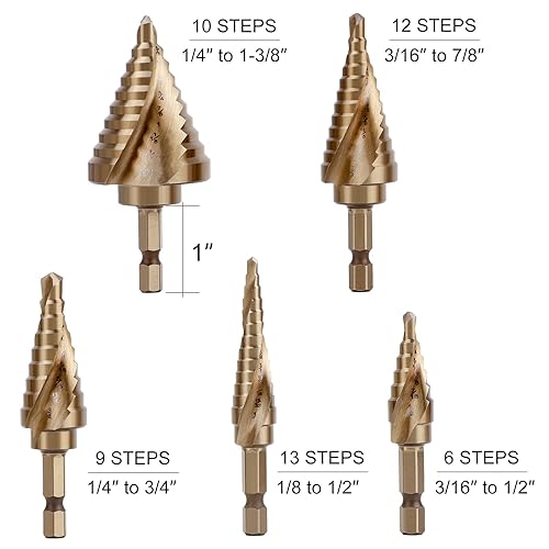 Miniatura 2 de COMOWARE Juego de 5 brocas de cobalto M35 con vástago hexagonal de 14 pulgadas, perforador central automático, diseño de impacto de dos flautas en