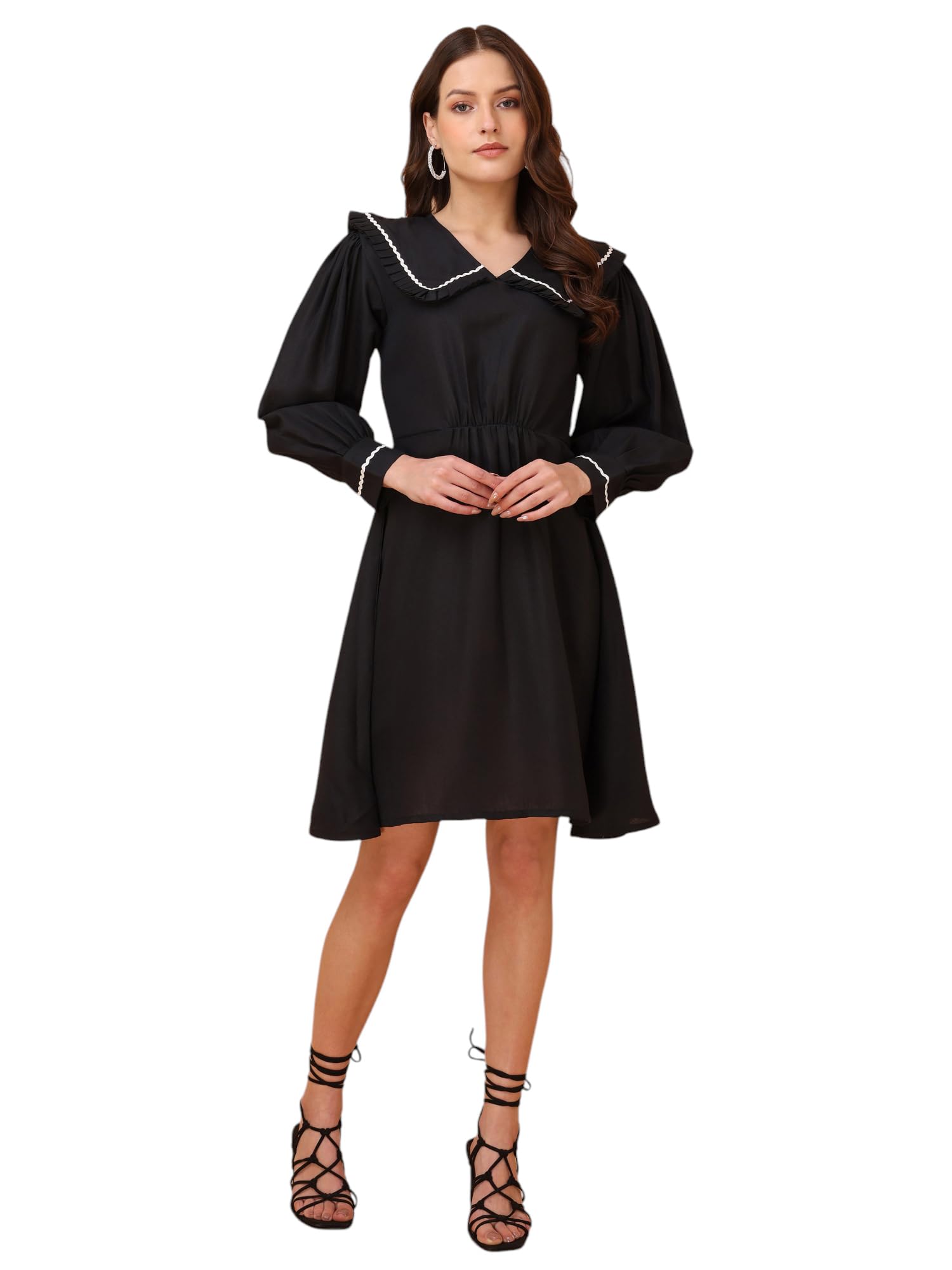 Purvaja Womens V-Neck Fit & Flared Cotton Blend Dress (Floe-037-Xl_Black)