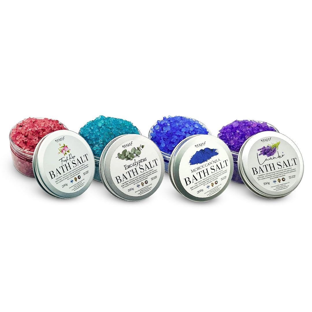 Aromatherapy Bath Salts Pack of 4 Relaxing Salts Rose, Eucalyptus, Moroccan Nila, Mediterranean Lavender for Soaking, Relaxing Bath Spa Set 200g each.