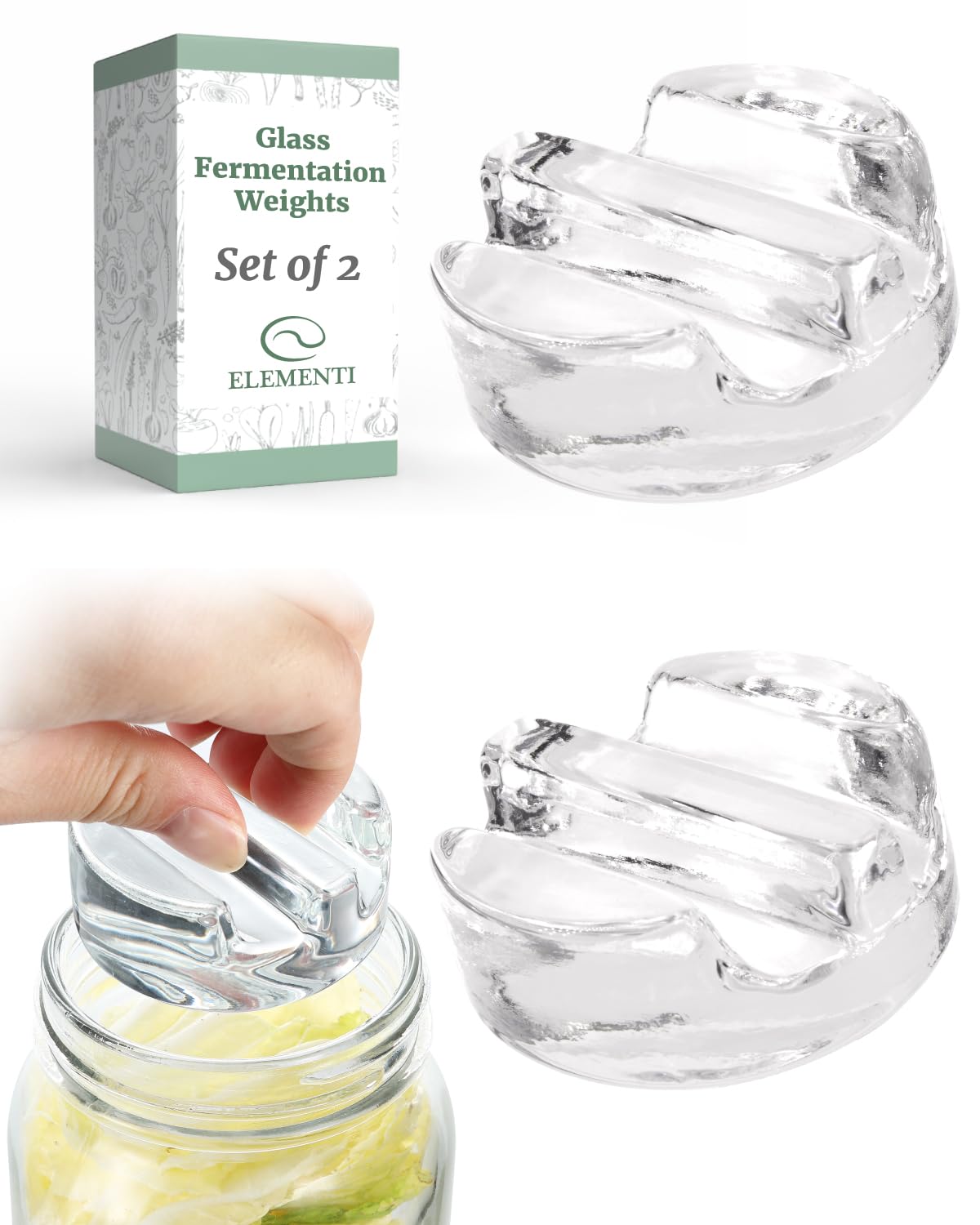 elementi fermentation weight set of 2 - easy to use glass fermenting weights perfect fit for wide mouth mason jars highly durable soda-lime glass fermentation kit for sauerkraut kimchi amp more