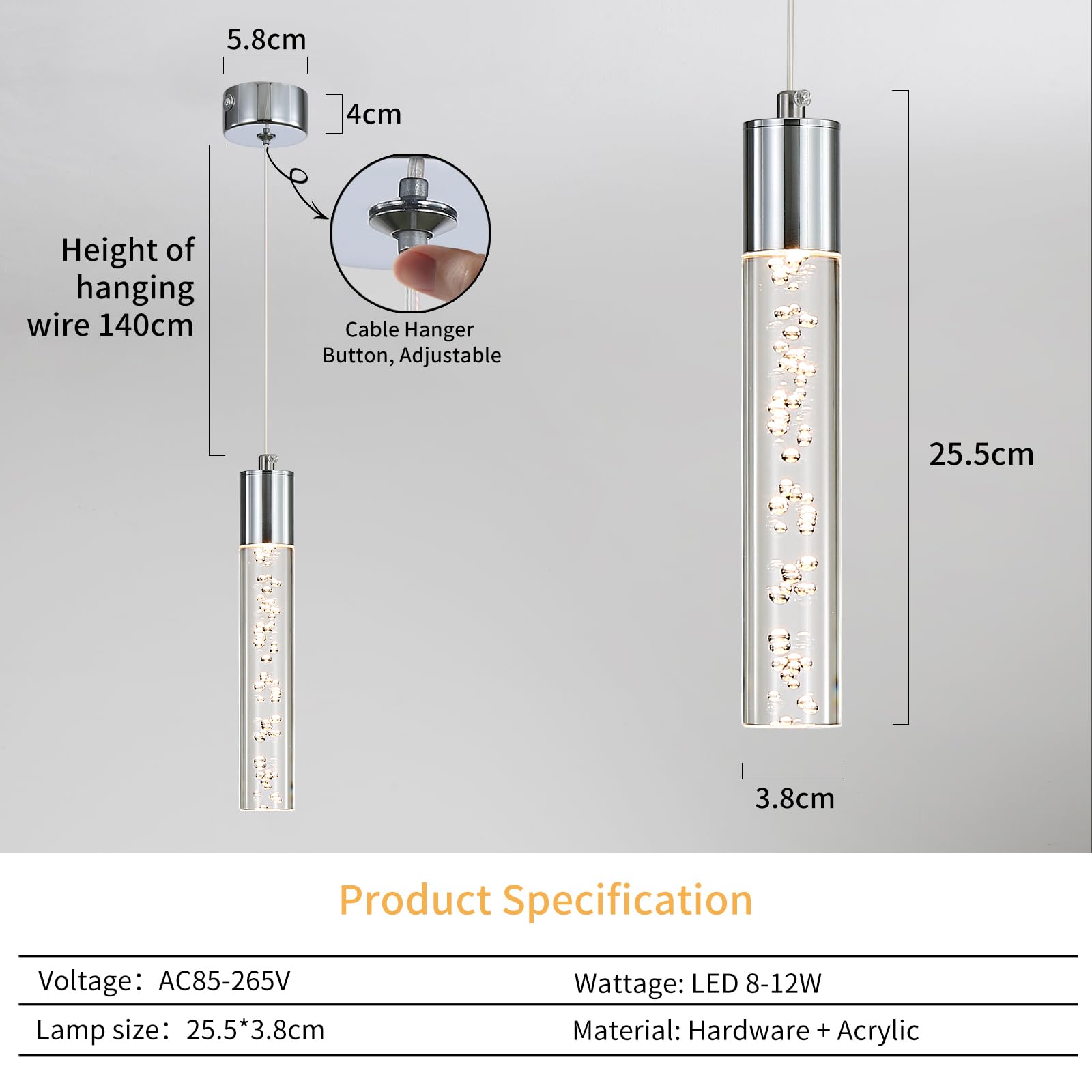 Mikeru Cylindrical Chrome Pendant Light, 3 Color Temperature 3000k/4500k/6500k Kitchen Island Pendant Light - Image 2
