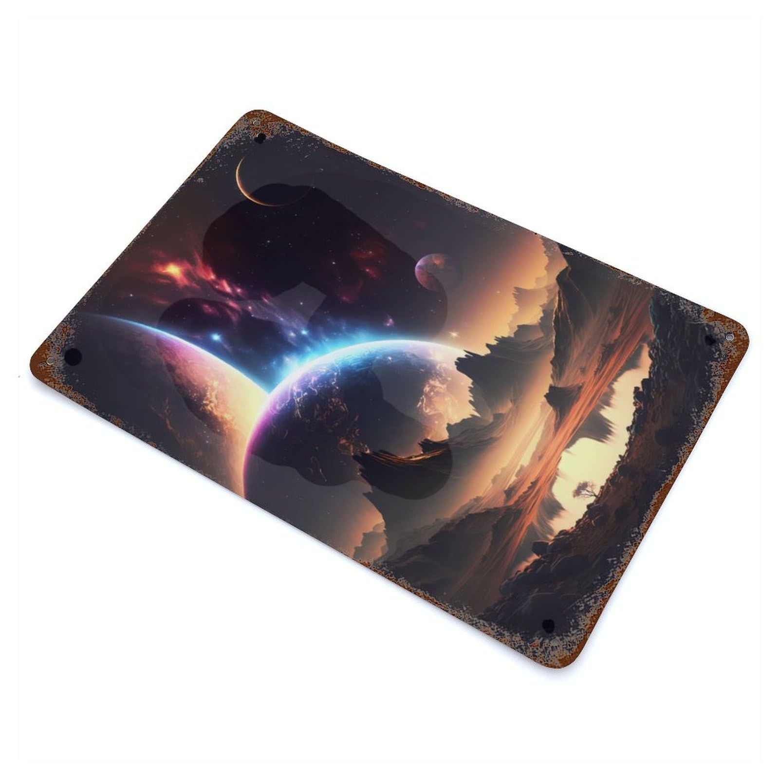 Oasis Of Cosmos Landscape 11.8"x7.9" Rustic Tin Plaque, Farmhouse Wall Decor for Basement, Hobby Room And Garage Decor