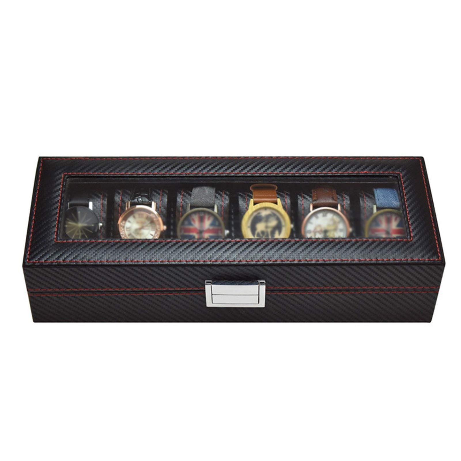 GuolichWatch Storage Box Watch Display Holder Case Leather Carbon Fiber Jewelry Bracelet Collection Organiser with Glass Lid (6 Slots)