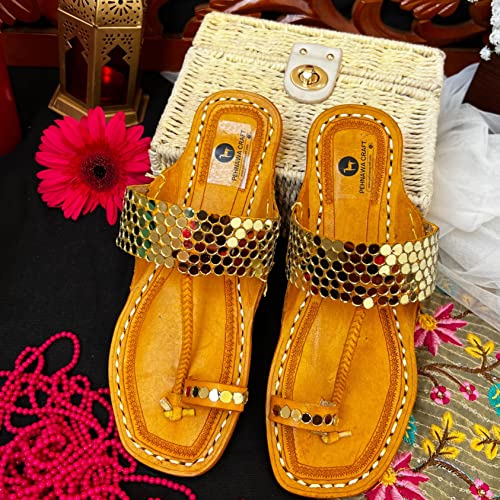 Queen Golden Mirror Original Kolhapuri ethnic flats for Women Leather