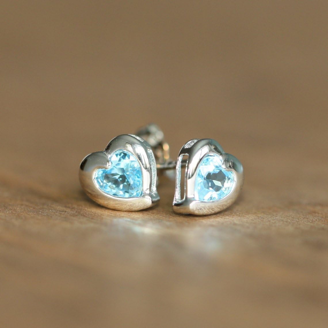 Heart Swiss Blue Topaz Stud Earrings in 10k White Gold Bezel Set Blue Gemstone Earrings November Birthstone Earring Studs