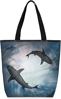Sacolas de lona com zíper e bolso interno, bolsa de ombro feminina casual bolsa de mão estampa de tubarão oceano, bolsas de compras reutilizáveis de cozinha, bolsas de lona para uso para livros, sacolas de compras, sacolas de presente, Multicor