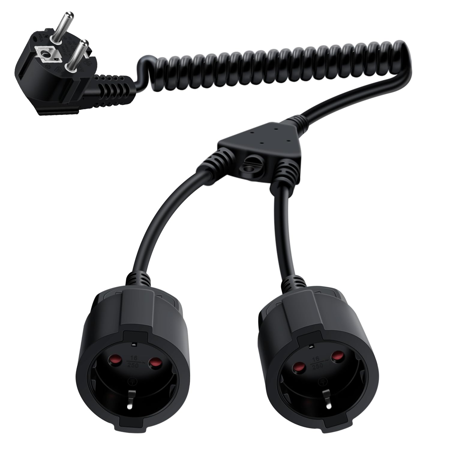 HuaLiSiJi Rallonge Schuko Cable Spirale 16A 250V Rallonge Électrique Schuko Coudée à 90° De 0,6m à 1.5 M Max Contact De Protection IP44 Pour Une Utilisation Appareils Ménagers (Noir, 1.5 M