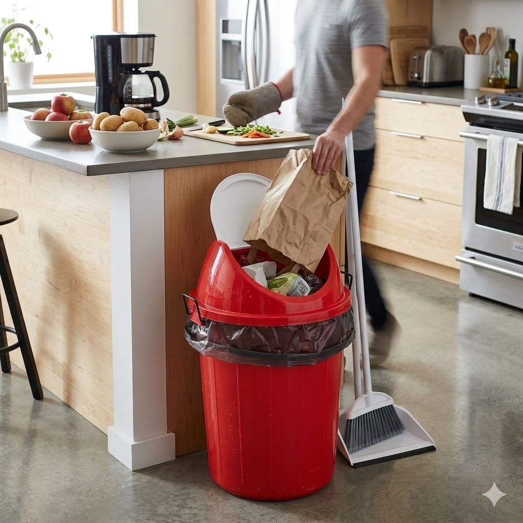 AIR O MATIC 10 LTR Round Unbreakable Swing Lid Garbage Waste Dustbin,Plastic, Red 4