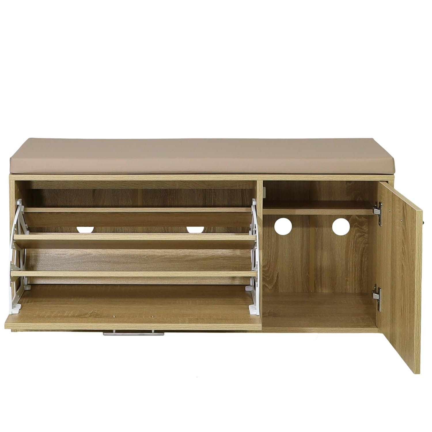 Marvin Scarpiera Panca da Ingresso con Anta – Portascarpe Salvaspazio in Legno con Cuscino Seduta e Anta a Ribalta per Cabina Armadio Corridoio o Camera Design 100x30x46 cm (Rovere/Cuscino Tortora)