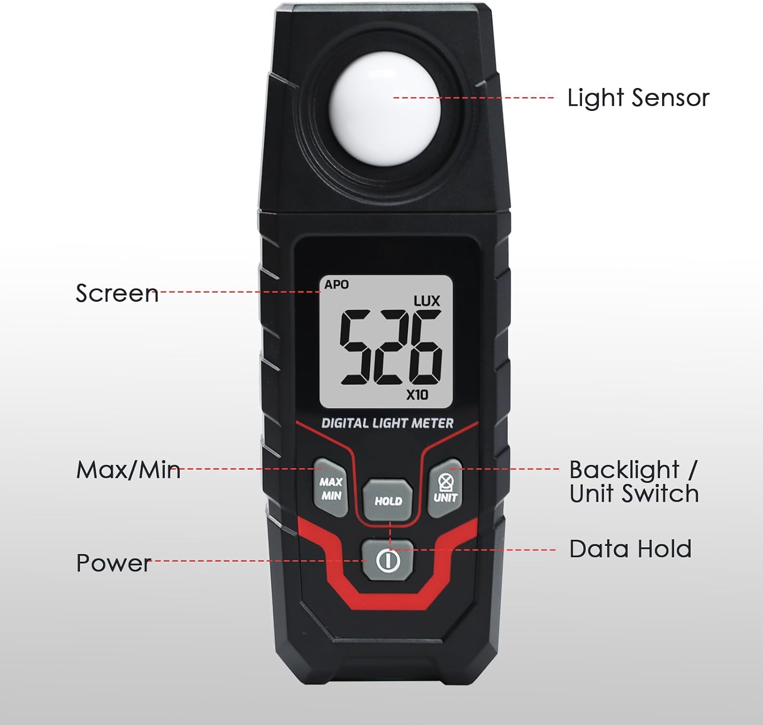Light Meter Digital Illuminance Meter, Lux/Foot Candles Meter, Range up to 200,000 Lux Handheld Photometer with 4 Digit LCD Display Backlit Light Meter Photography Luxmeter for LED Plants