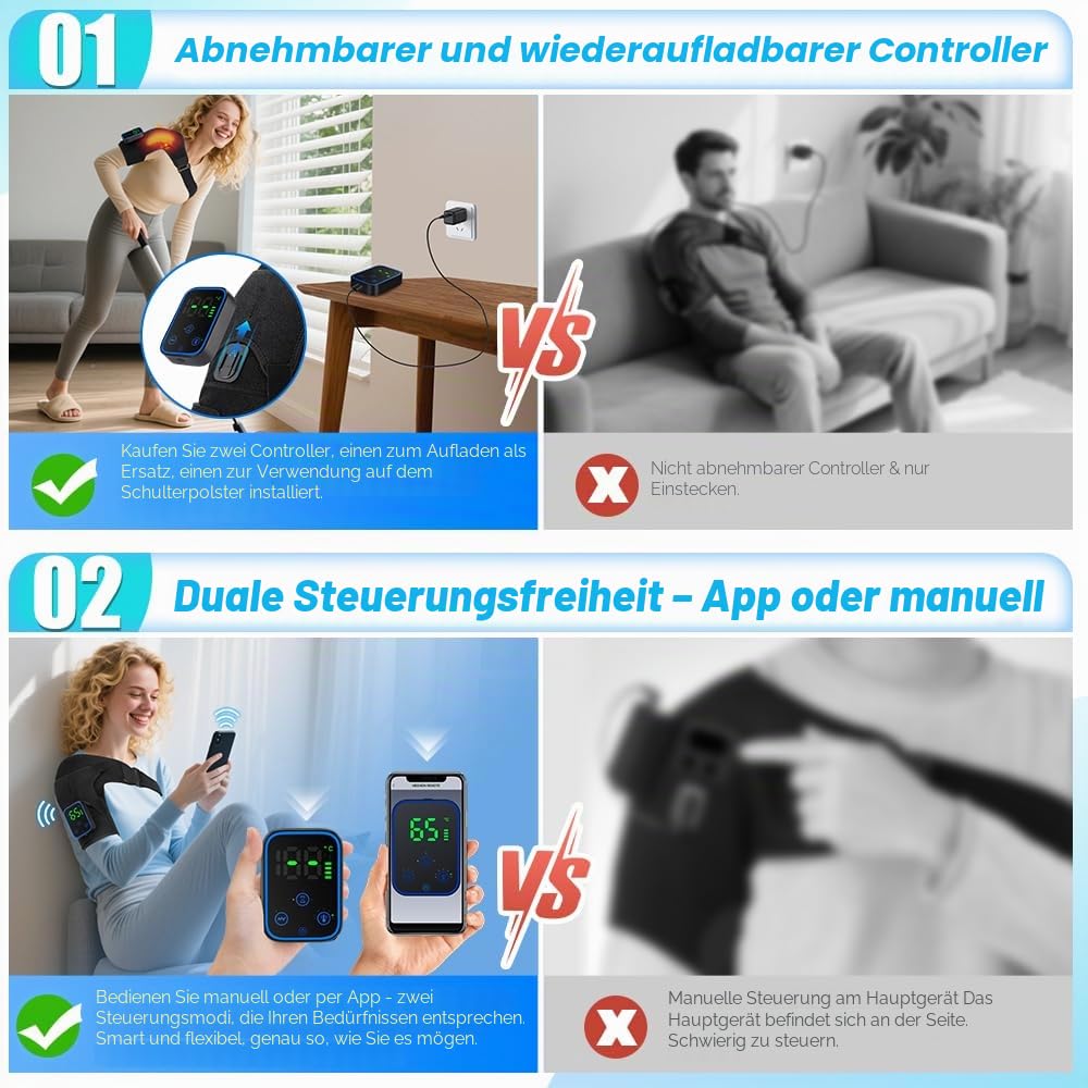 Schultermassagegerät mit Heizung & App, 7 Temperaturen (40 – 70 °C) & 3 Vibrationsmodi – 5000 mAh wiederaufladbar – kabelloses Massagekissen für Schultern, Nacken & Rücken (1 Stück)
