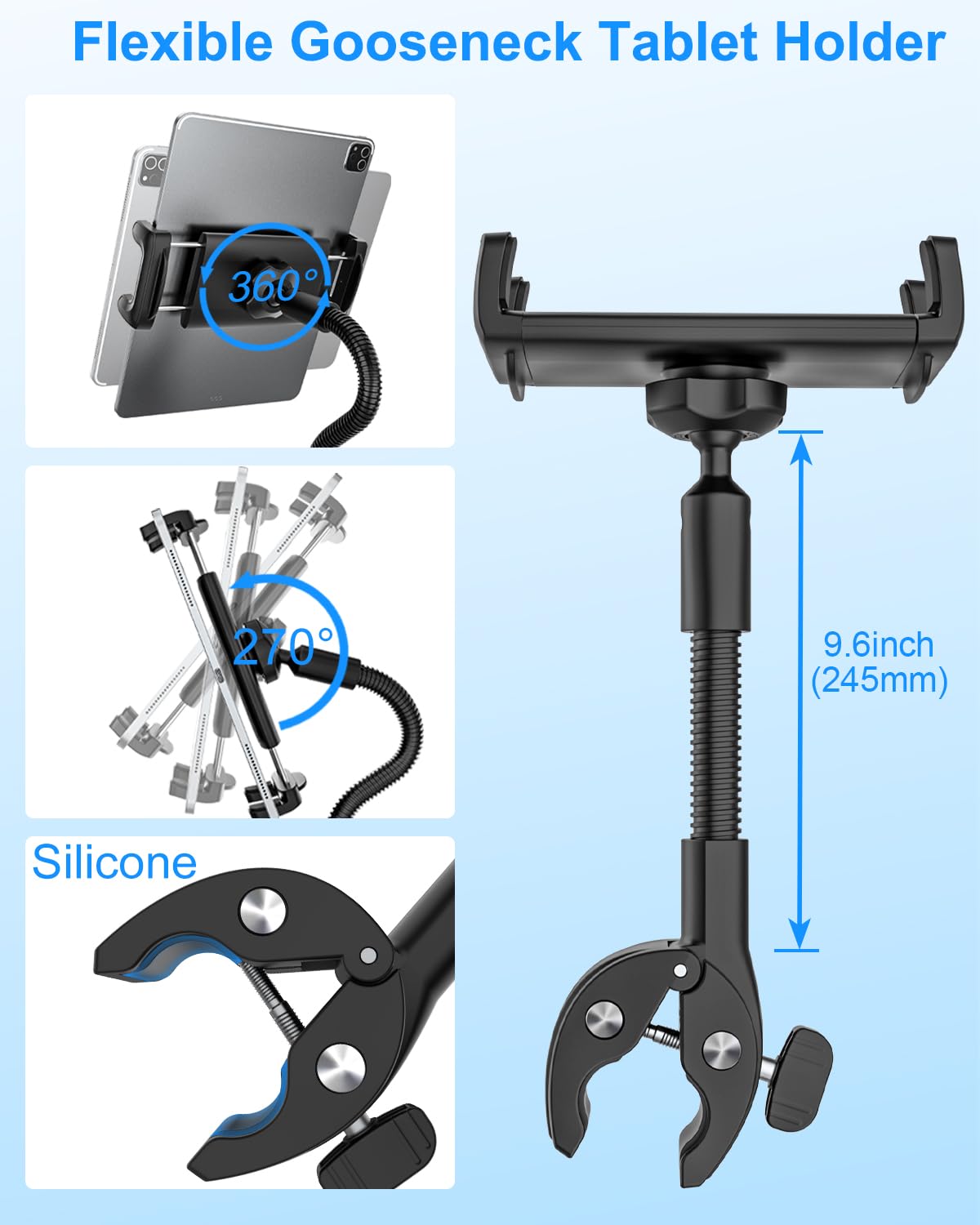 Supporto Tablet a Collo D'oca per Bici, Tapis Roulant, Spinning Peloton, Ellittica, Passeggino, Supporto Tablet Motociclo, Compatibile iPad Pro Air Mini, Galaxy Tab, 4,7-13", Tablet