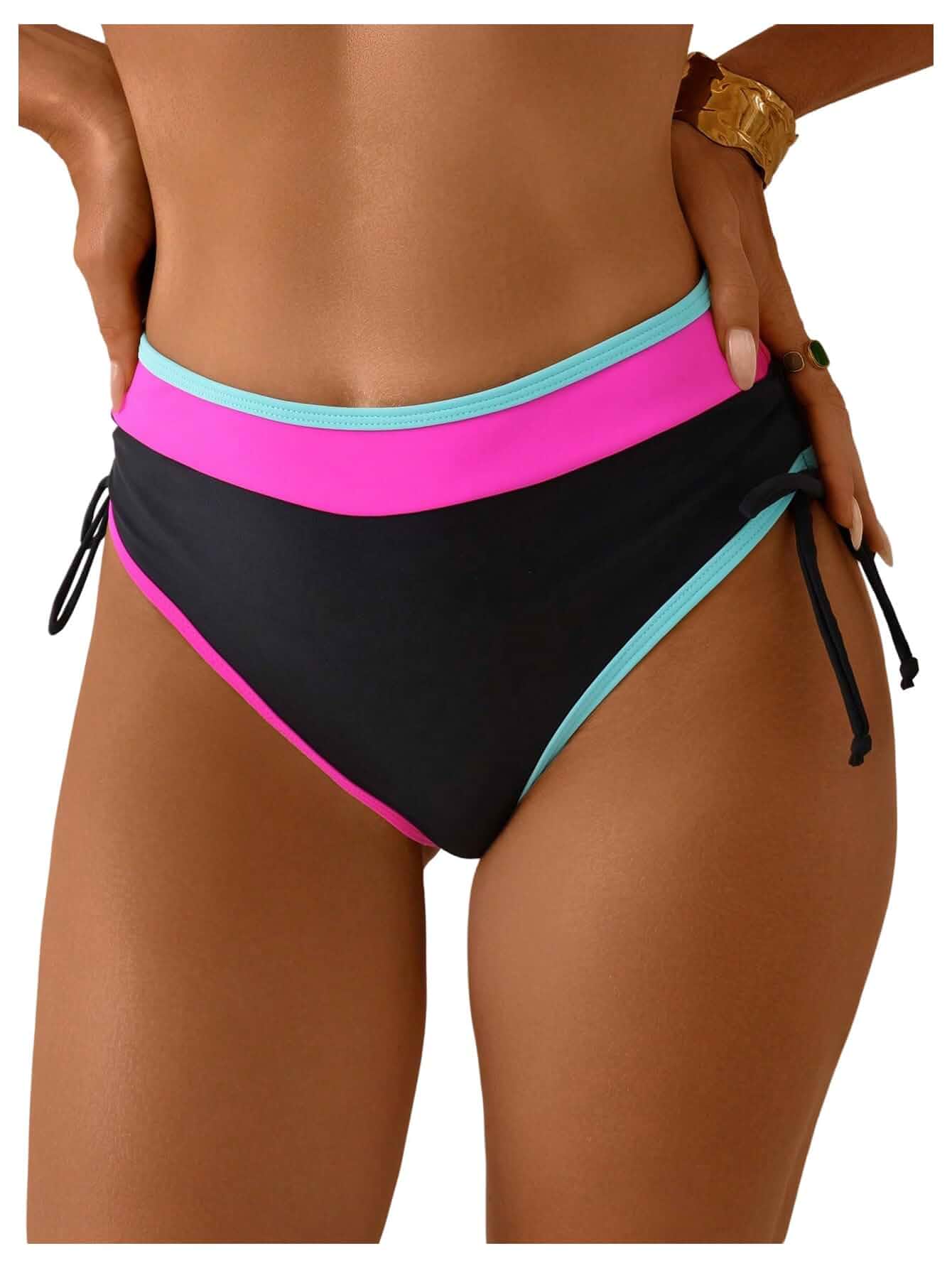 WDIRARA Women's Color Block Bikini Bottoms Drawstring Tie Side Swim Briefs Beachwear