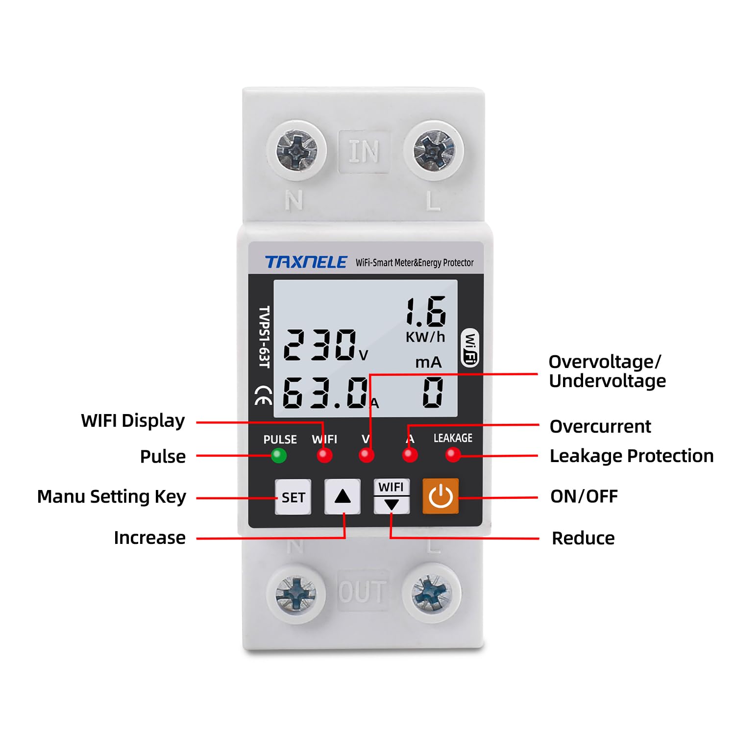 Compteur d'énergie Intelligent WiFi AC 63A 80-300V Fuite Terre Intelligente sur sous Tension Protecteur Relais Dispositif Interrupteur disjoncteur énergie Puissance kWh mètre Smart Life 230V (BLACK)