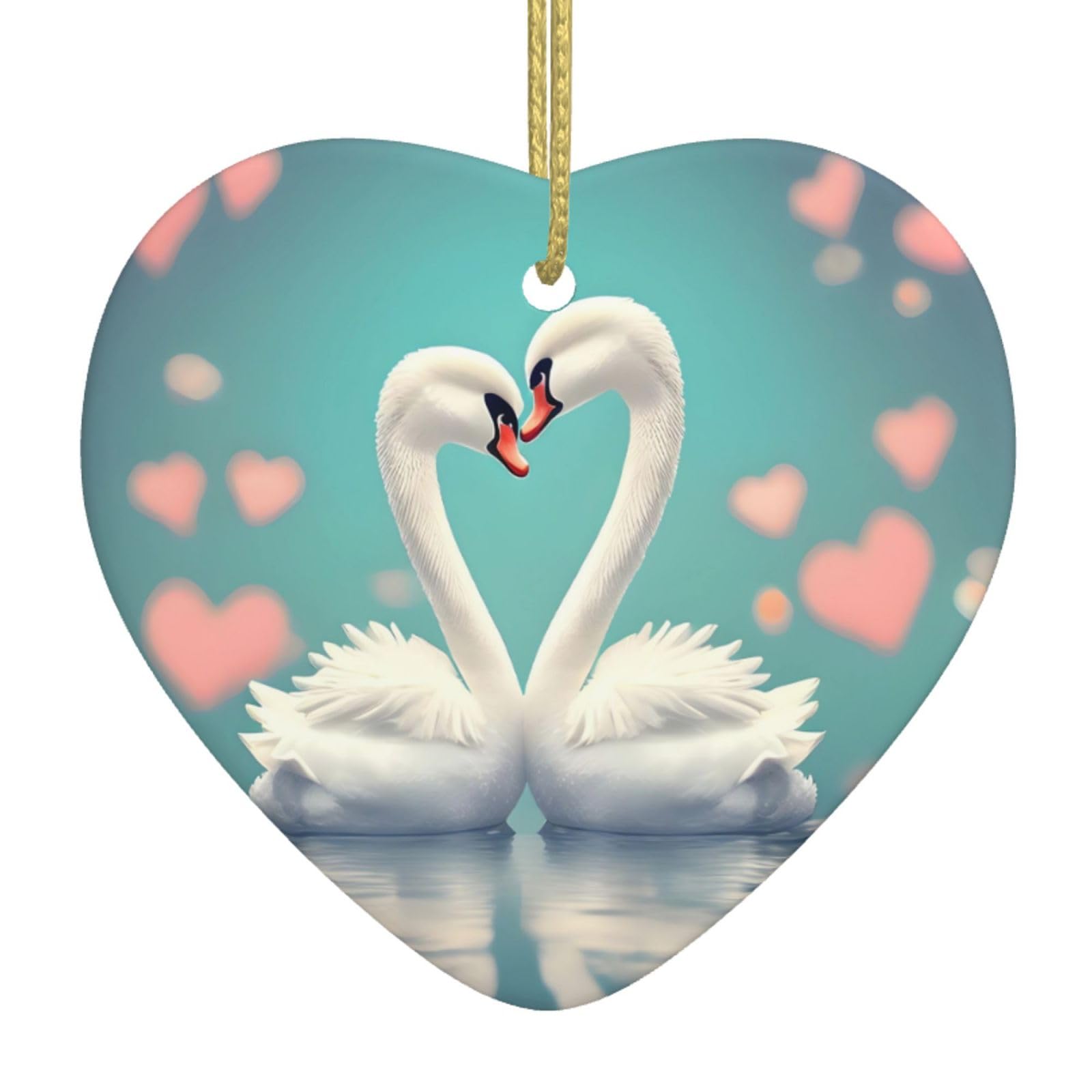 The swan in Love Ceramic Christmas Heart Pendant with Silk Thread, Christmas Tree Home Decoration