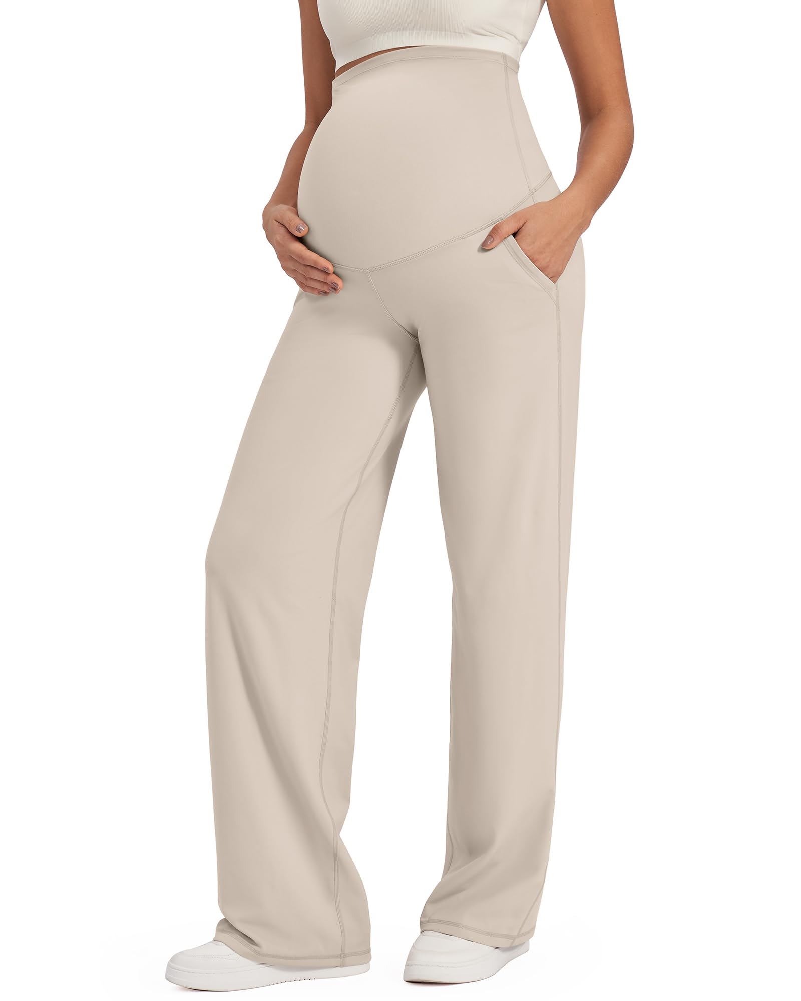 G4Free Umstandshose Damen Hohe Taille Yogahose mit Taschen Weites Bein Umstandsmode für Schwangere Lang Freizeithose Stretch Lose Gerade Hose Klein/Regulär/Groß