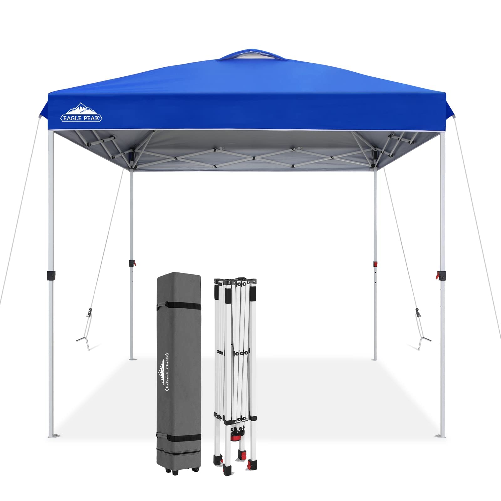 EAGLE PEAK 8x8 Pop Up Canopy Tent Instant Outdoor Canopy Easy Set Up Straight Leg Folding Shelter with Wheeled Bag, 8 Stakes and 4 Ropes, Blue