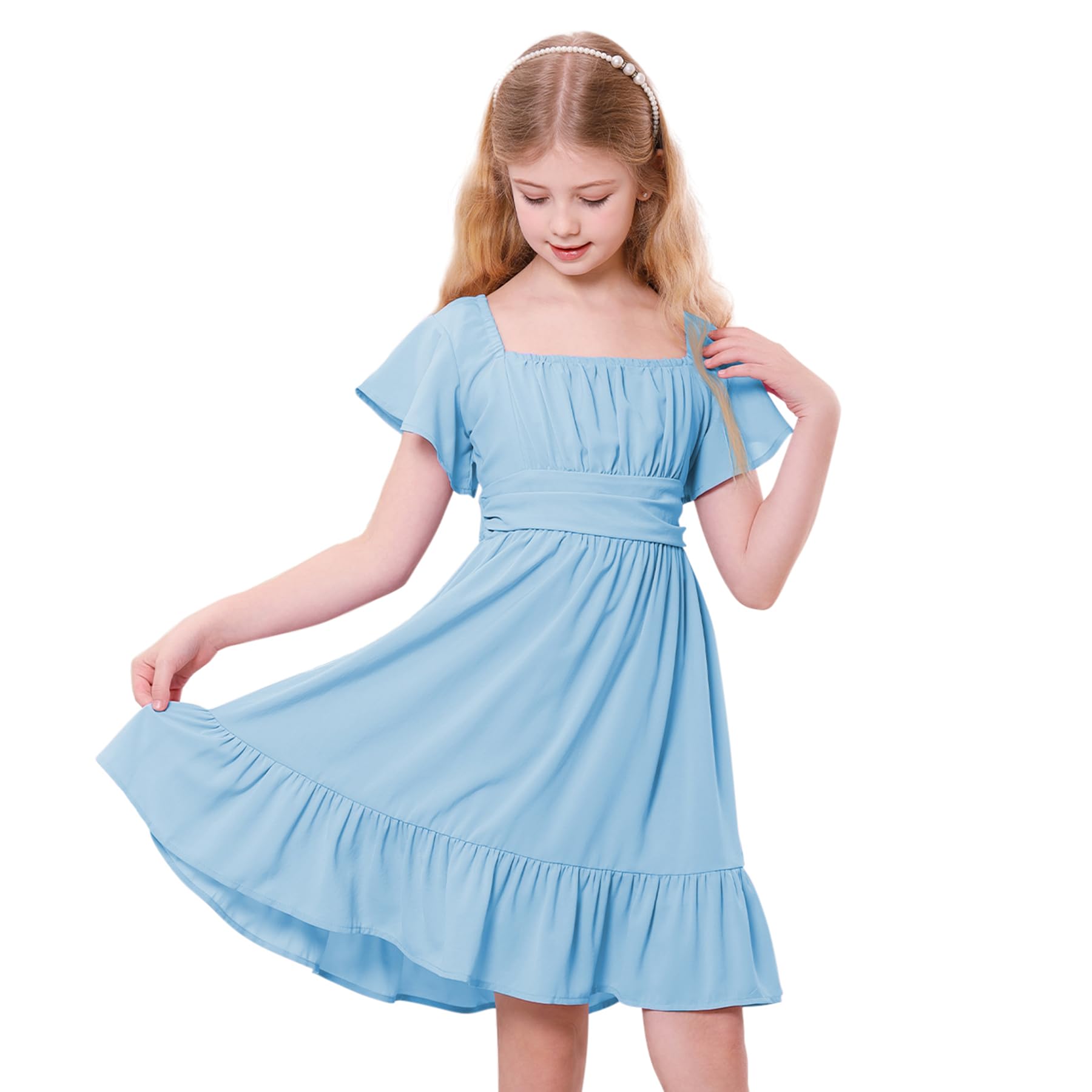Zando Girls Dresses Tie Back Dress for Girls Ruffle Short Sleeve Dresses Tween Kids Off Shoulder Junior Dress 6-16 Years