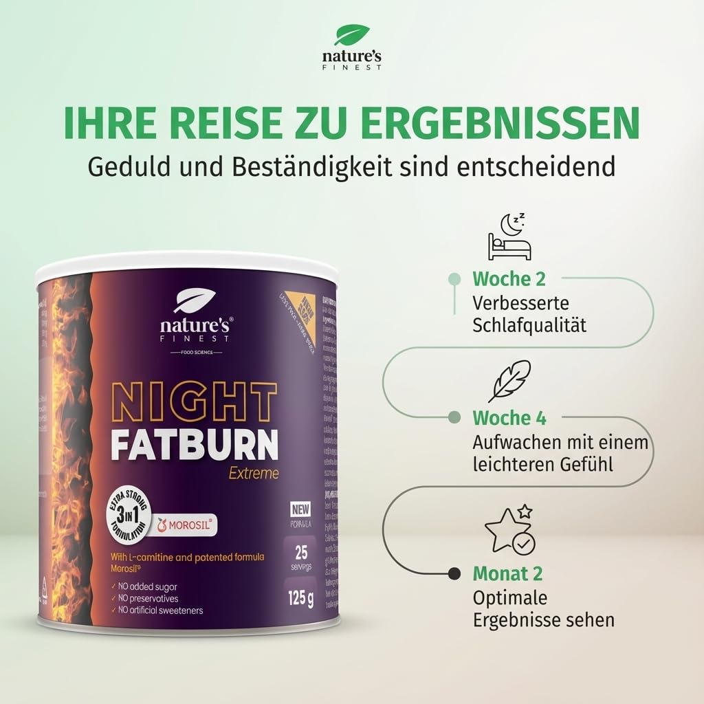 Nature's Finest Night Burn Extreme, Trinkpulver 125 g | Mit Morosil (Rot-Orangenextrakt), L-Carnitin und Baldrian