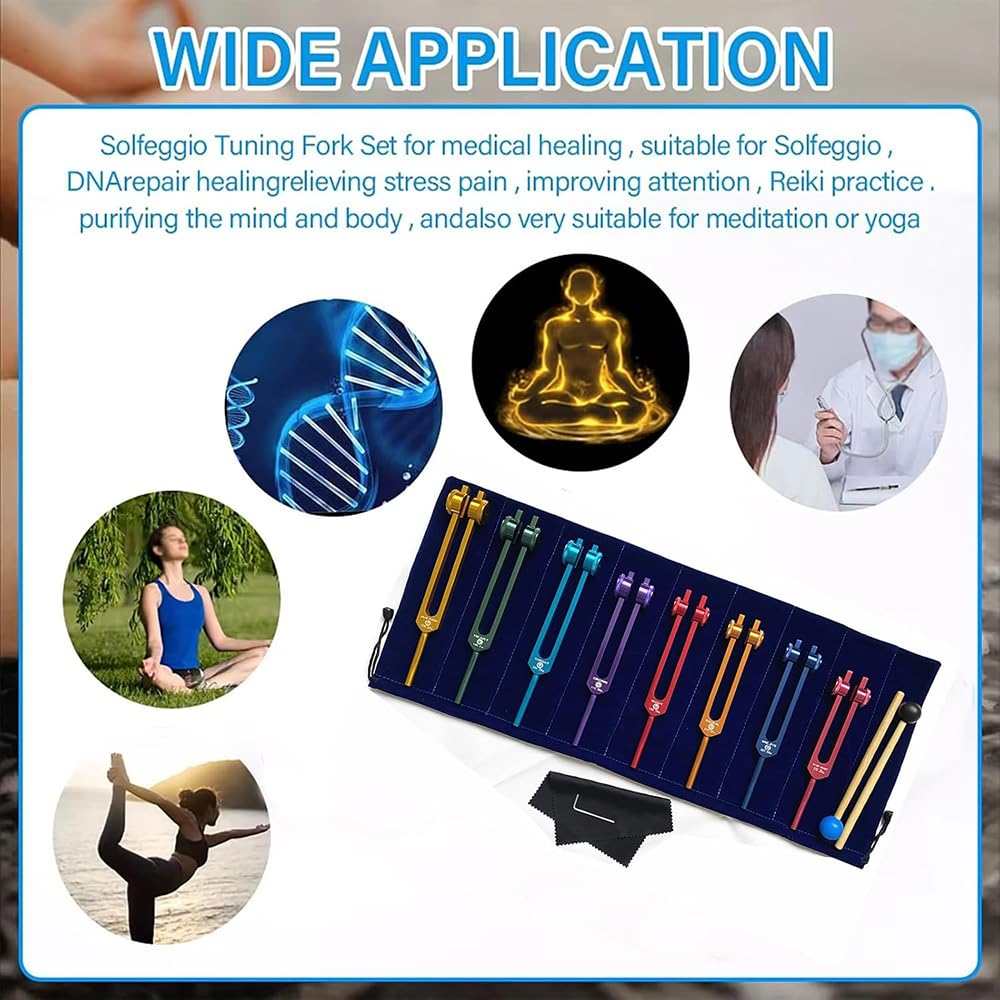 NEWFUN Stimmgabel,Stimmgabel Neurologie,8er Set mit Sockel + 1 Silikonhämmer und Reinigungstücher für Klangtherapie Gewichtete Stimmgabel Geeignet für Meditation, Anti-Kompression