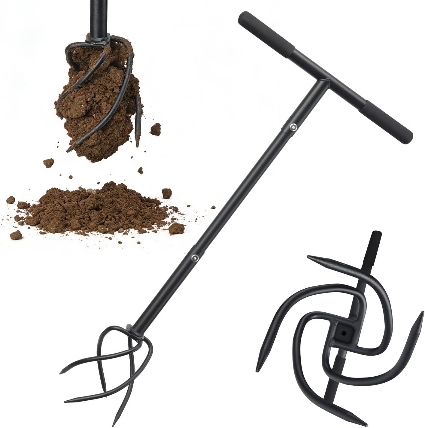 BeBecome Hand Tiller for Gardening, Manual Garden Claw Cultivator with 4 Sharp Curved Steel Tines, Twist Tiller Soil Loosener, Rotary Handheld Tiller for Yard Lawn Weeding