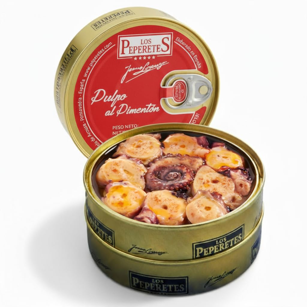 LOS PEPERETES Pack Gourmet Marisco Gallego con Vino Terras Gauda | Pulpo al Pimentón ×2 · Zamburiñas ×2 · Sardinillas a la Gallega ×2 | Lote Delicatessen Premium