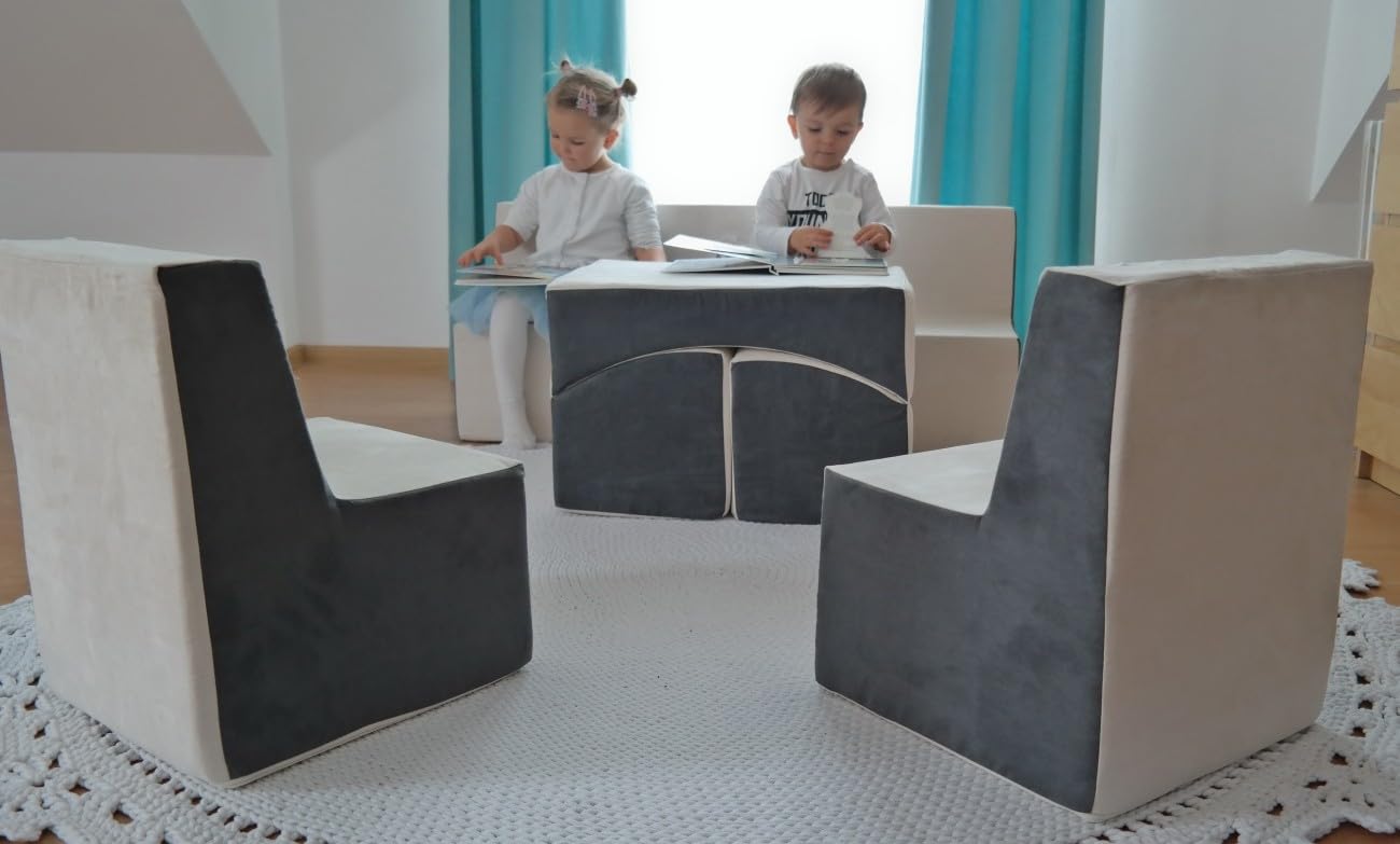 Velinda Kindersitzgruppe: Kinderstuhl+Sitzbank+Liegestuhl Kinderzimmermöbel Spiel-Set (Farbe: beige-grau)