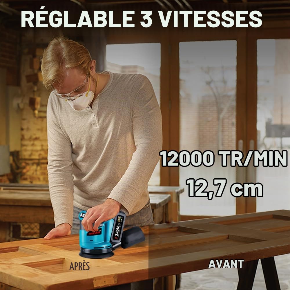 ONEVAN Ponceuse Excentrique Sans Fil 125mm avec 2 Batteries & 5 Papiers | 3 Vitesses 8000-12000 tr/min, Ponçage Rapide, Aspiration Efficace avec Sac, Pour le Ponçage du Bois, Métal et Vernis